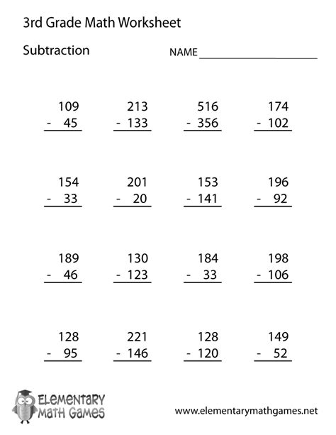 subtraction worksheets for grade 3.